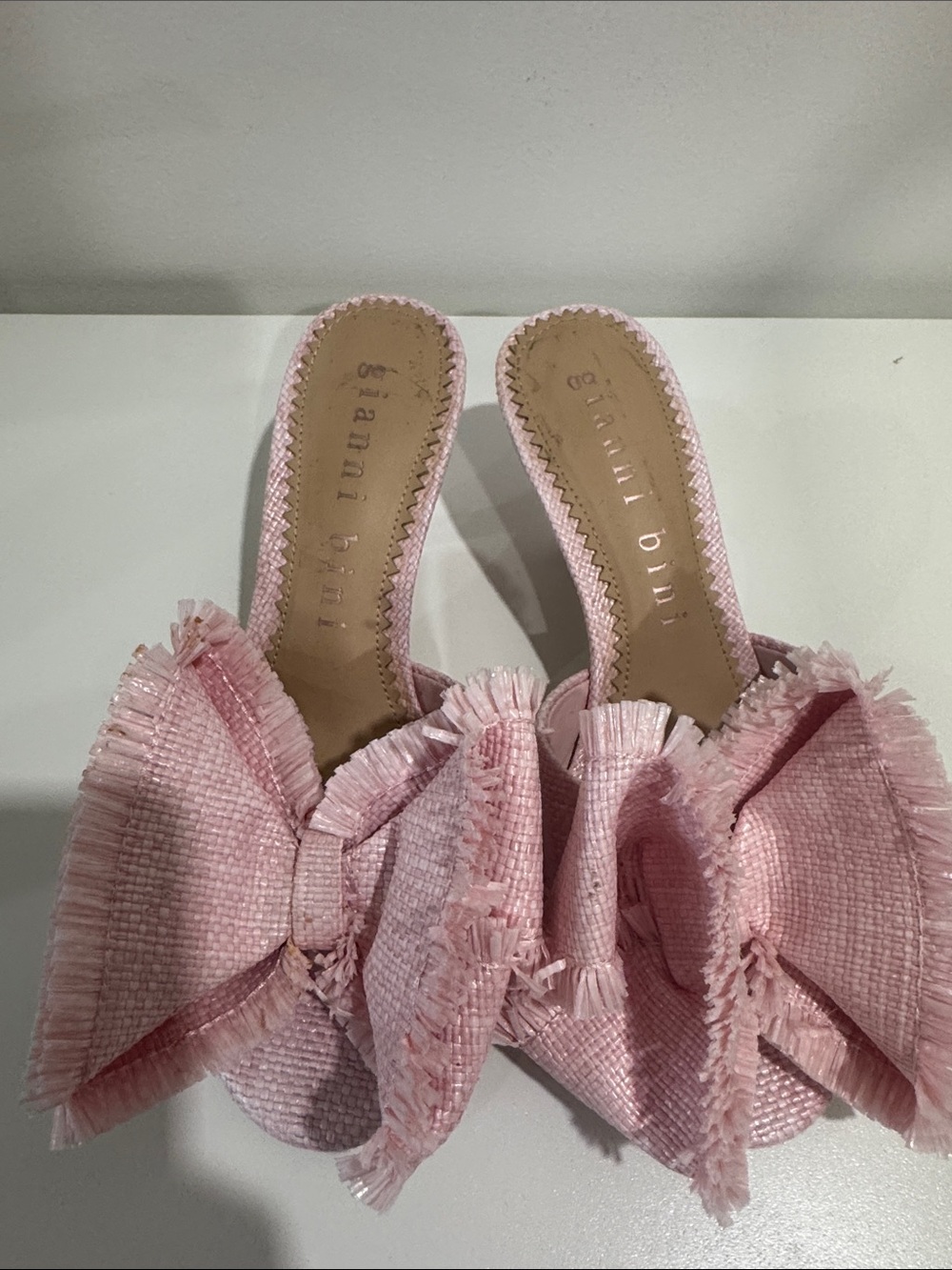 Gianni Bini Pink Frayed Bow Mule Slides